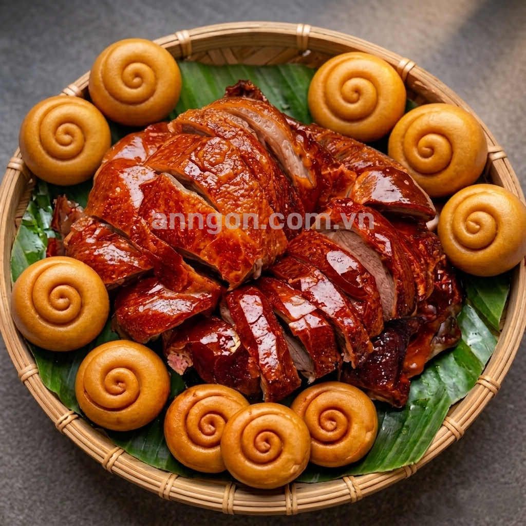 Combo vịt quay da giòn giòn rụm ăn kèm bánh bao chiên mềm xốp, rau răm, dưa leo và nước chấm đặc biệt