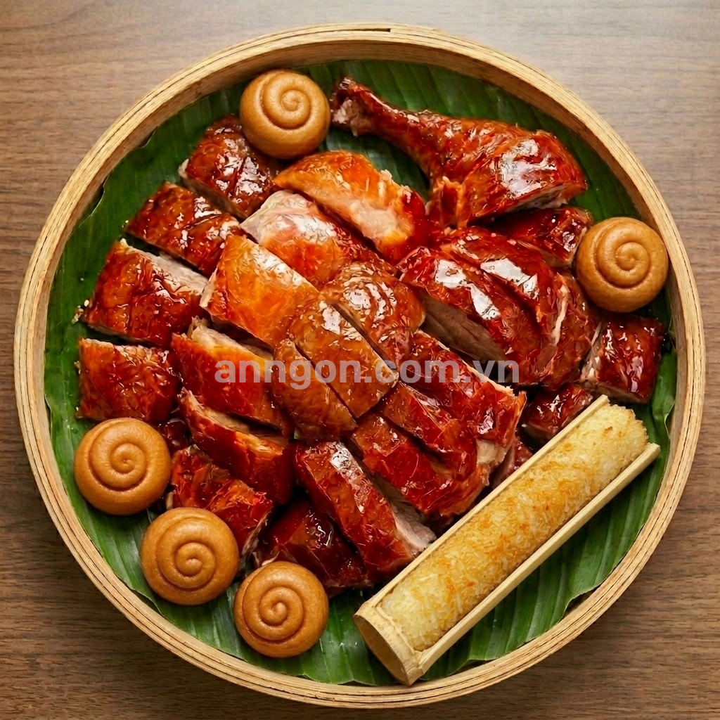 Combo vịt quay da giòn giòn rụm ăn kèm bánh bao chiên và cơm lam dẻo thơm, rau răm, dưa leo và nước chấm đặc biệt
